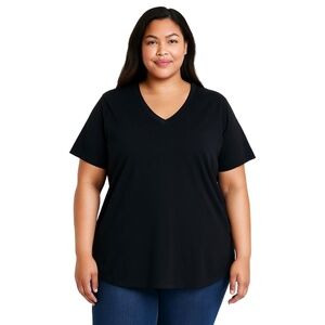 WOMAN WITHIN Plus Size Black V-Neck Cotton T-Shirt Women’s 1X‎